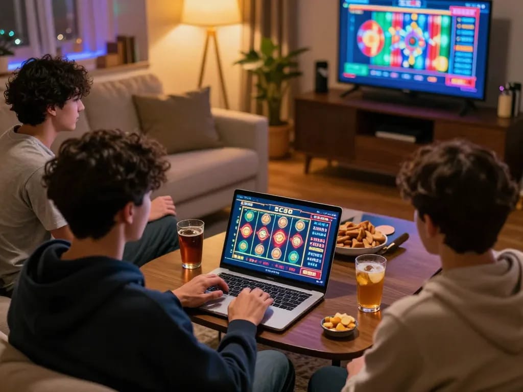 Players enjoying an engaging online SC88 casino game night with snacks and drinks in a cozy setting.