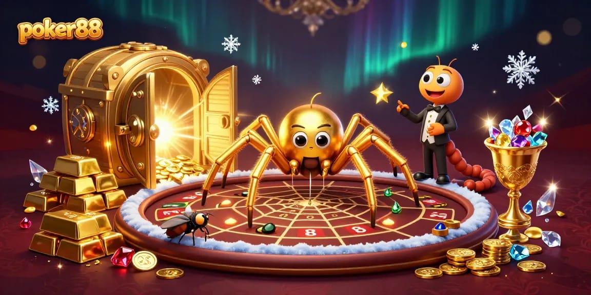 Play poker88 with skill as a golden spider spins a poker table web in a vibrant casino scene.