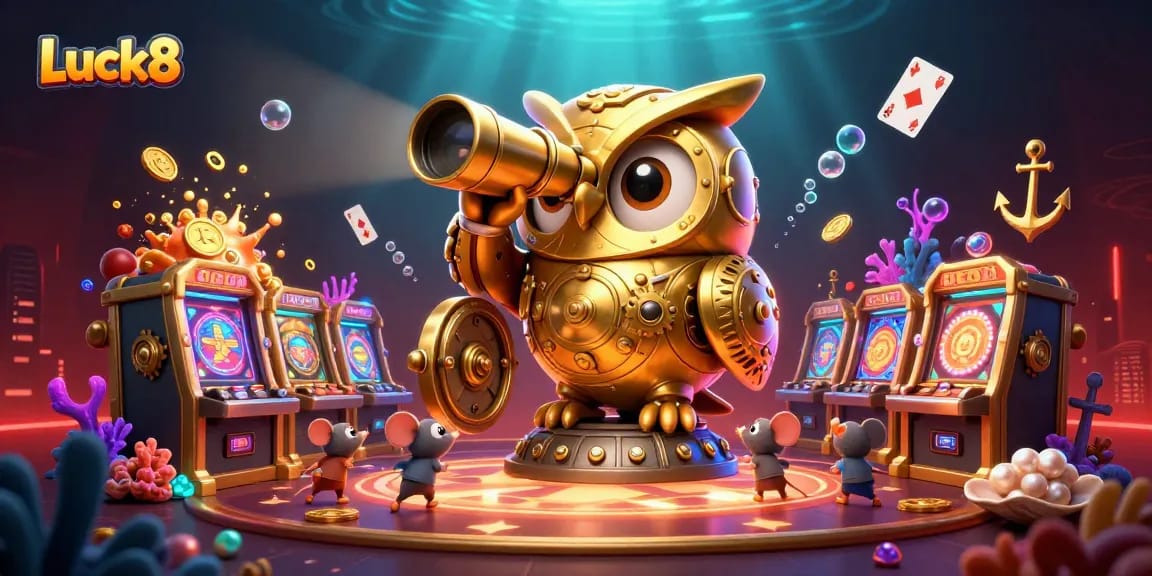 Experience high-stakes action at Luck8, with a vibrant casino scene filled with game characters and elements.