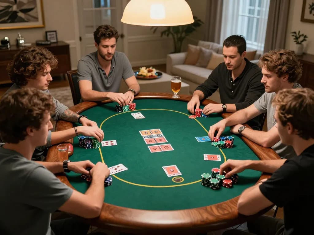 Players enjoying an intense poker game at home, showcasing strategic action with SC88 poker chips.