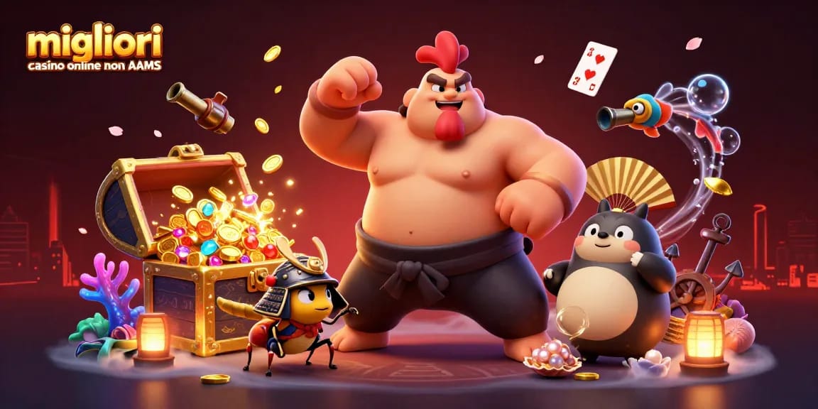 Scopri i migliori casino online non AAMS con un sumo, un grillo e un tanuki in un'illustrazione vivace.