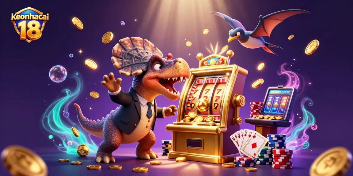 Experience the excitement of keonhacai 18 as a pachycephalosaurus hits a slot machine jackpot, with coins cascading around