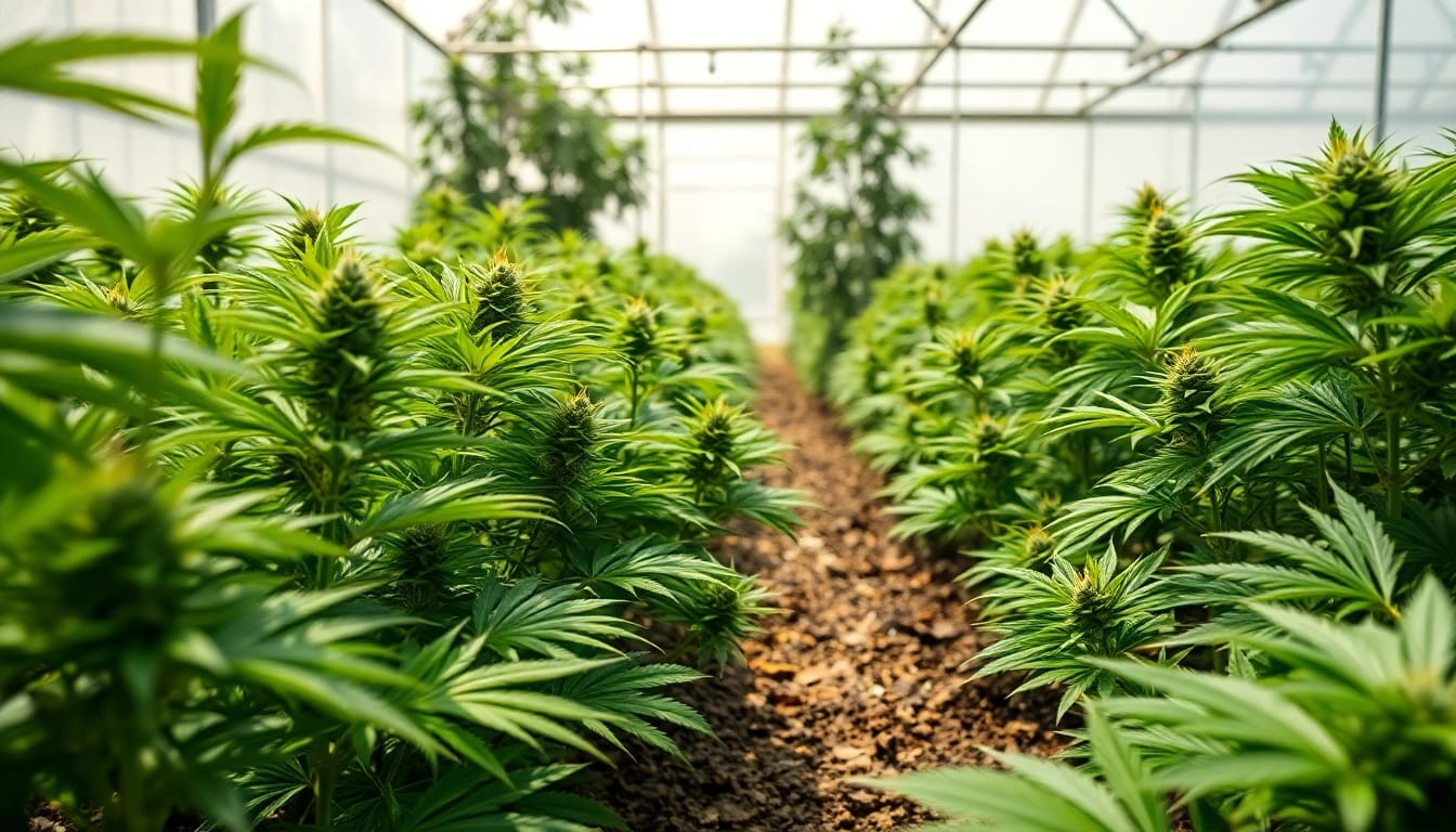 Die bluetenbande zeigt gesunde Cannabispflanzen in einem heller Gewächshaus.