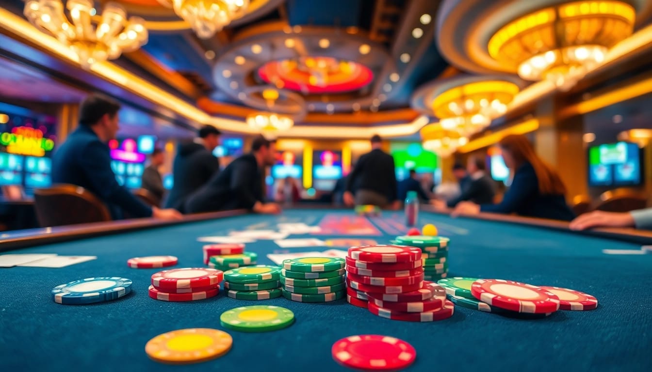 Menangkan permainan dalam situs gacor dengan suasana casino yang meriah dan meja permainan yang aktif.