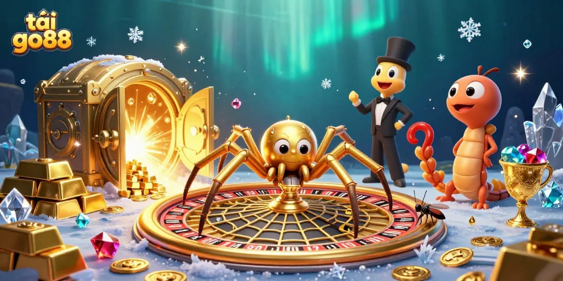 Place your bets with tải go88 as a golden spider spins a roulette web in this vibrant casino scene.