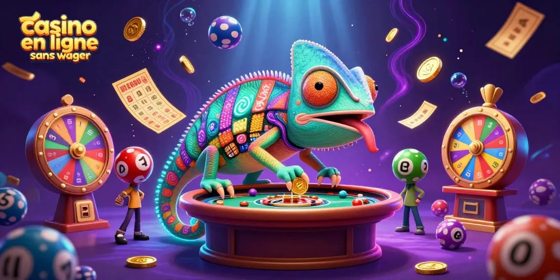 Jeu amusant au casino en ligne sans wager avec des jetons colorés et un caméléon dynamique.