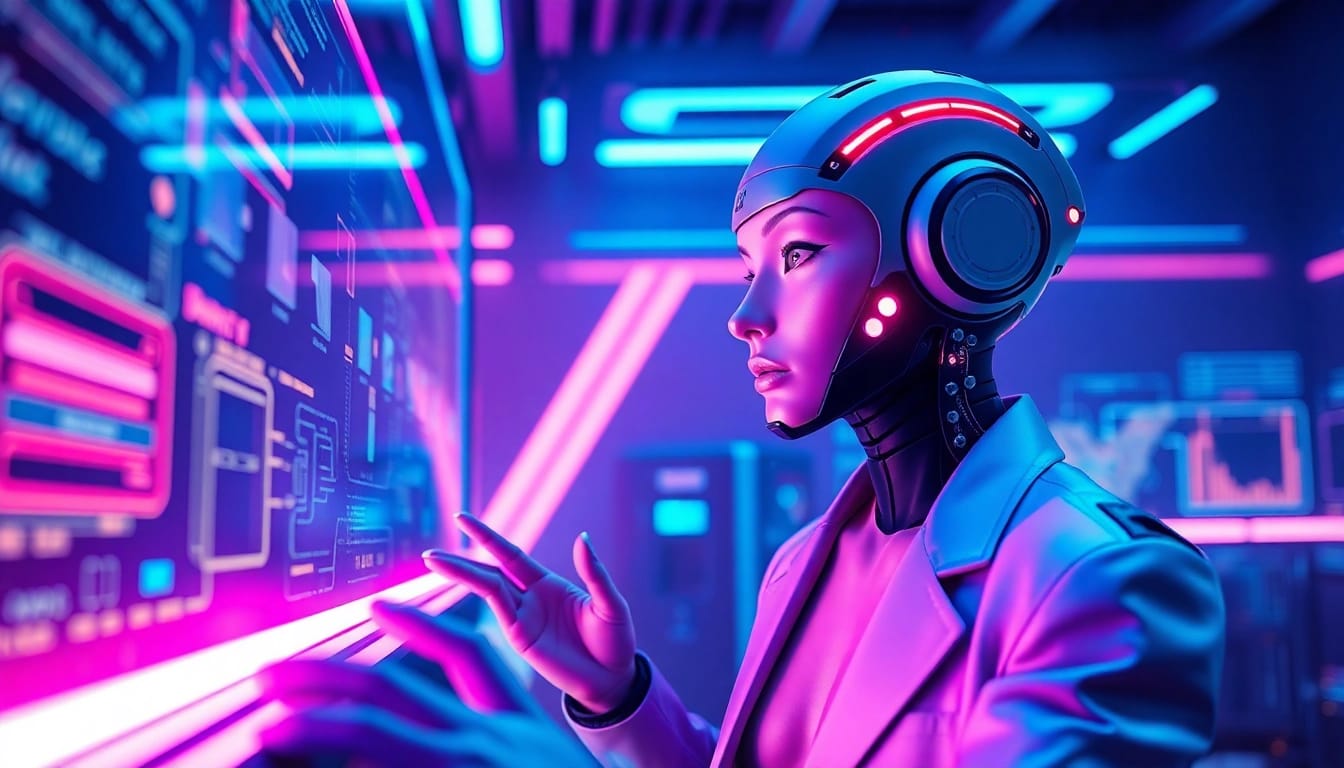 Engaging NSFW character AI interaction in a neon-lit digital environment.