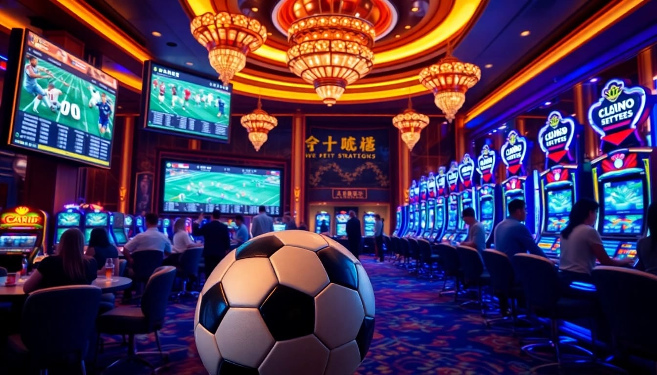 เทคนิคแทงบอล visualized with exciting sports betting scene in a luxurious casino atmosphere.
