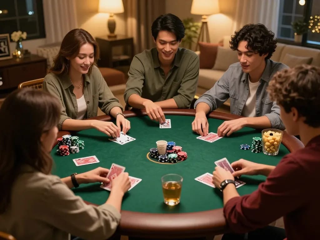 Friends playing poker at home, showcasing fun and strategy while enjoying a fly88 gaming experience.