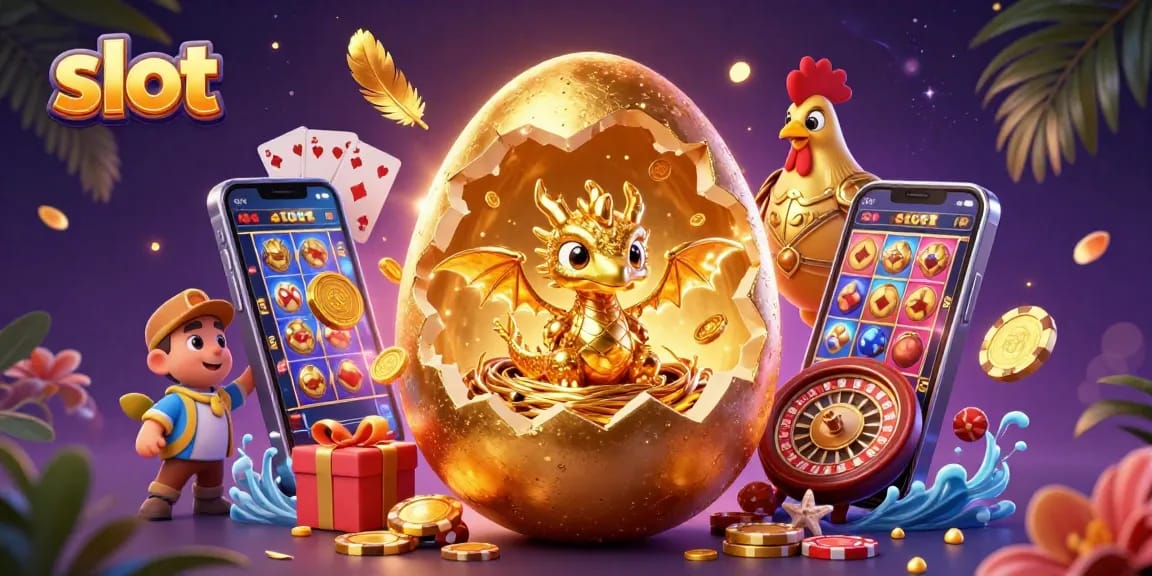 Play exciting slot games featuring golden treasures and vibrant animations in this stunning illustration.