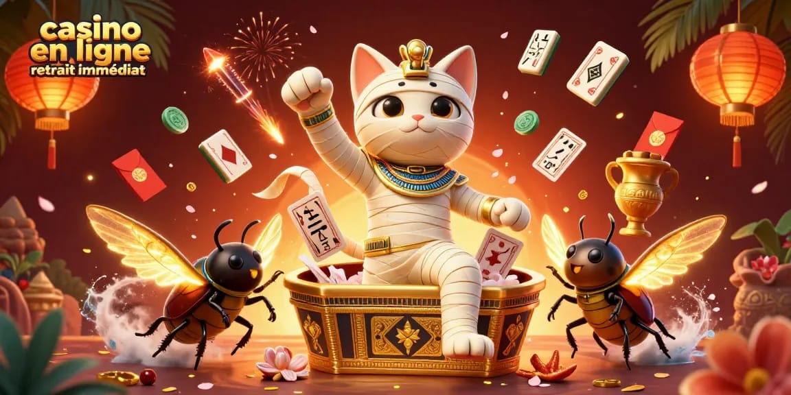 Retirez vos gains rapidement avec le casino en ligne retrait immédiat, illustré par un chat momie égyptien et un scarabée.