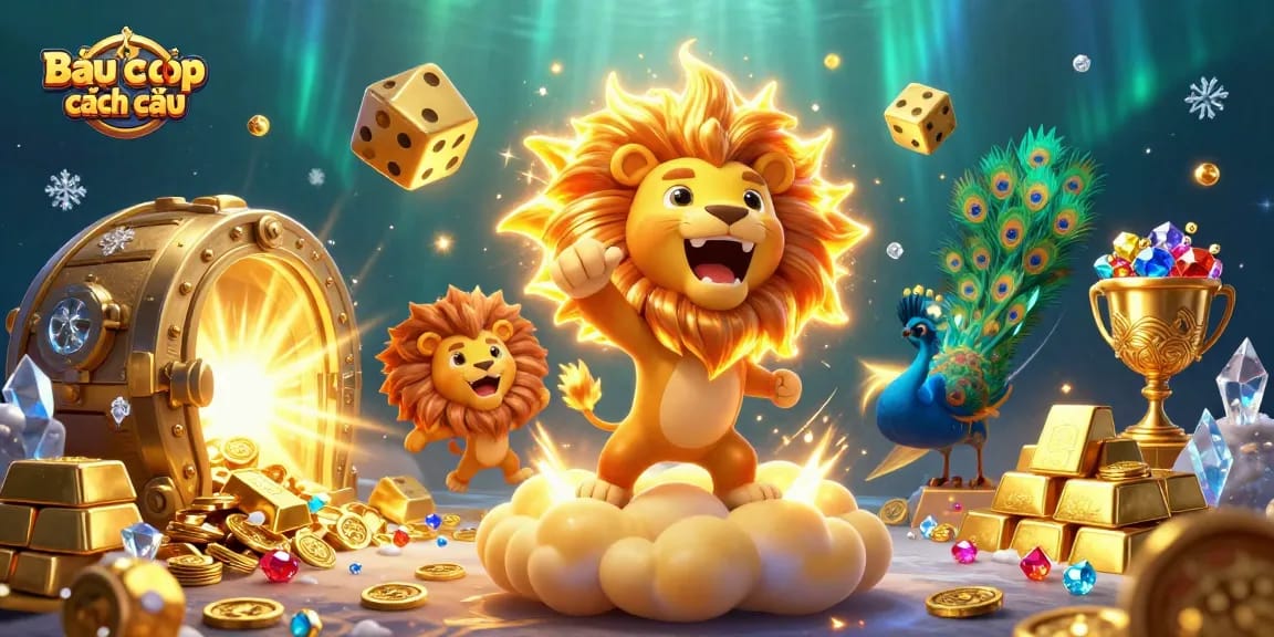 Experience Bầu cua cá cọp cách chơi with vibrant 3D casino-themed illustration full of gambling elements.