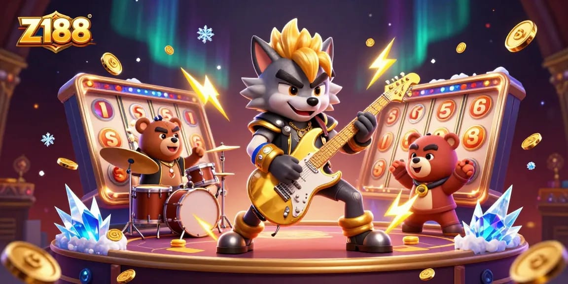 Z188 offers thrilling casino action with a 3D rock star wolf shredding a golden guitar amidst dynamic gaming elements.