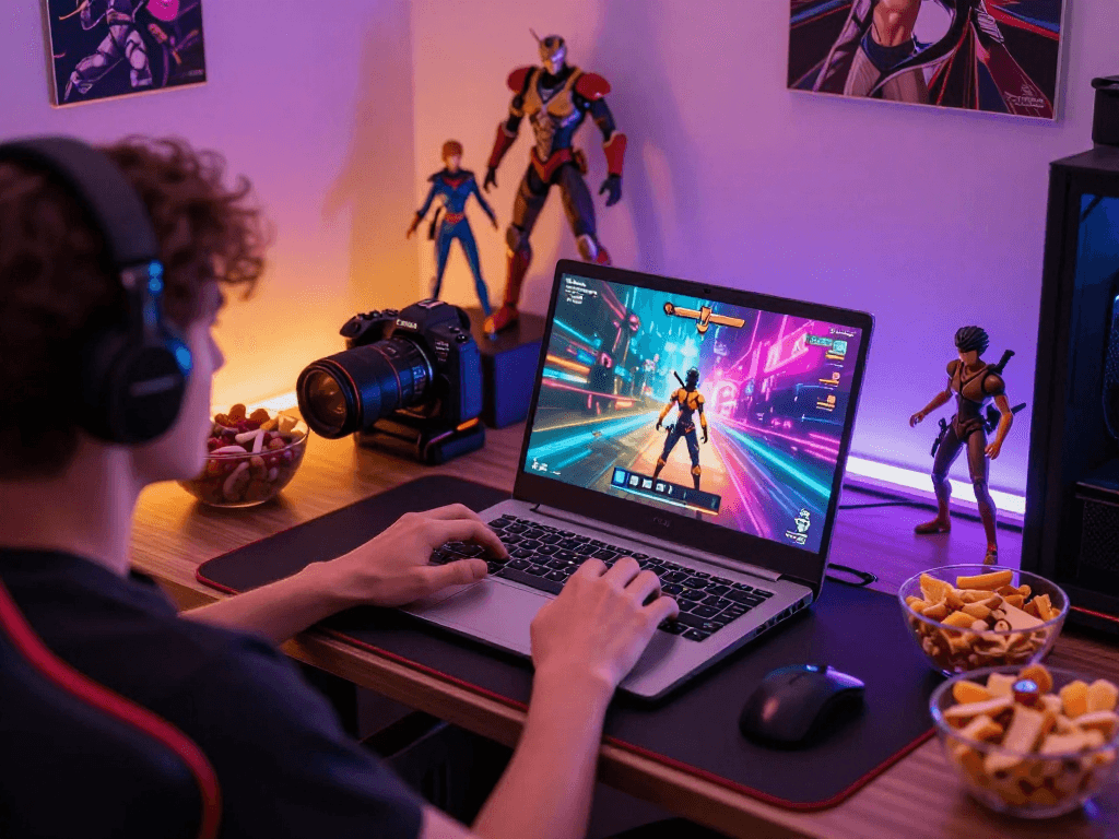 Engaged player enjoying a vibrant sex game on a laptop in a cozy gaming nook.