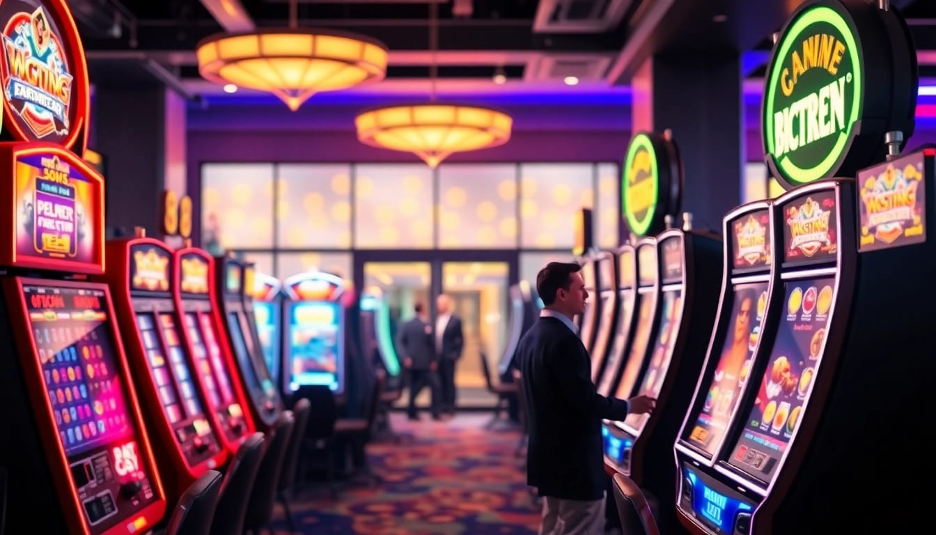 Menampilkan suasana bandar togel resmi slot dengan berbagai mesin slot dan tiket lotere di kasino.