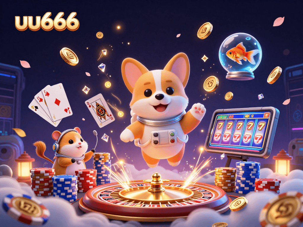 uu666 showcases thrilling moments with an astronaut corgi in a vibrant casino scene.