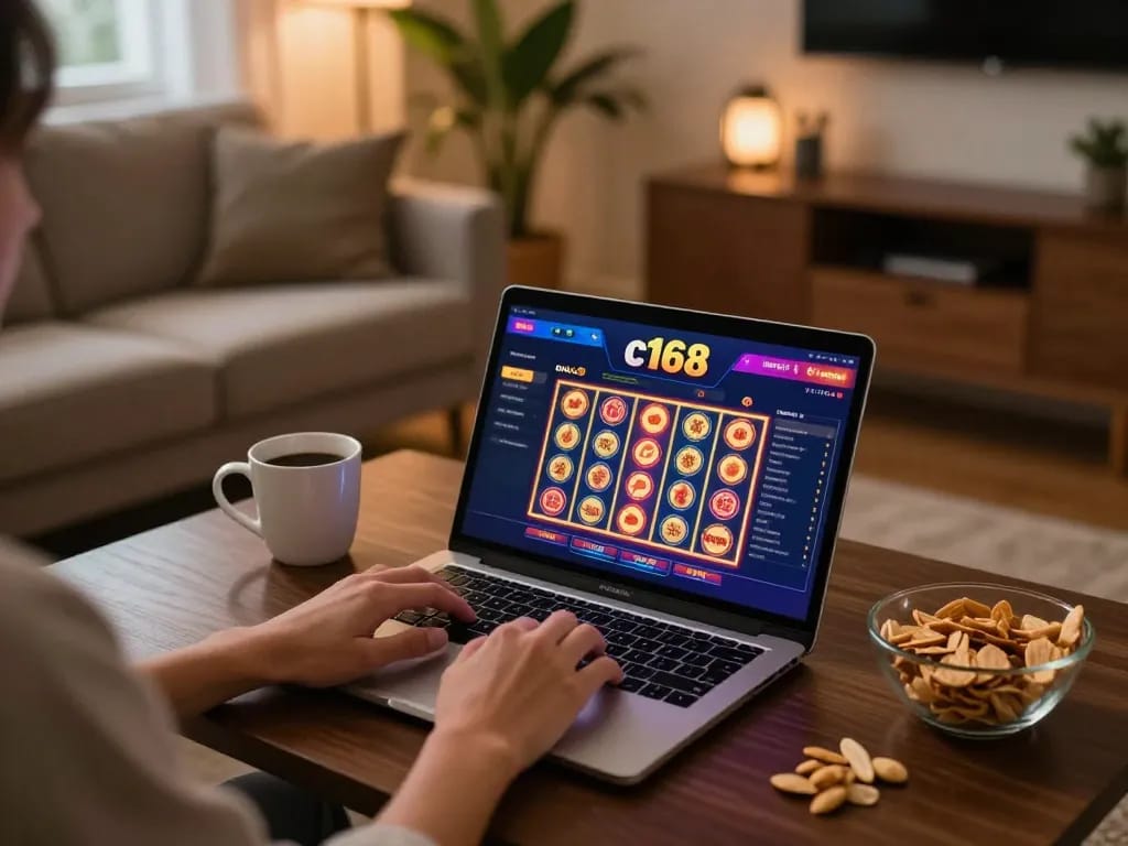 Engaging with c168 com online casino on a laptop, showcasing a vibrant gaming interface in a cozy home.