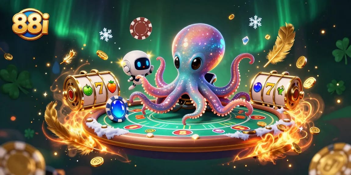 88i thrills as a cosmic octopus deals holographic poker chips in a dynamic casino scene.