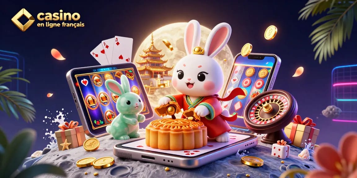 Illustration dynamique d'un casino en ligne français avec un lapin de la lune et des jetons de poker.
