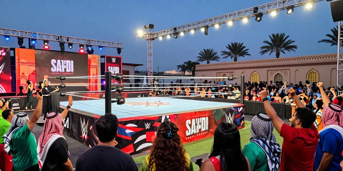 WWE Saudi Arabia event featuring enthusiastic fans and vibrant wrestling atmosphere