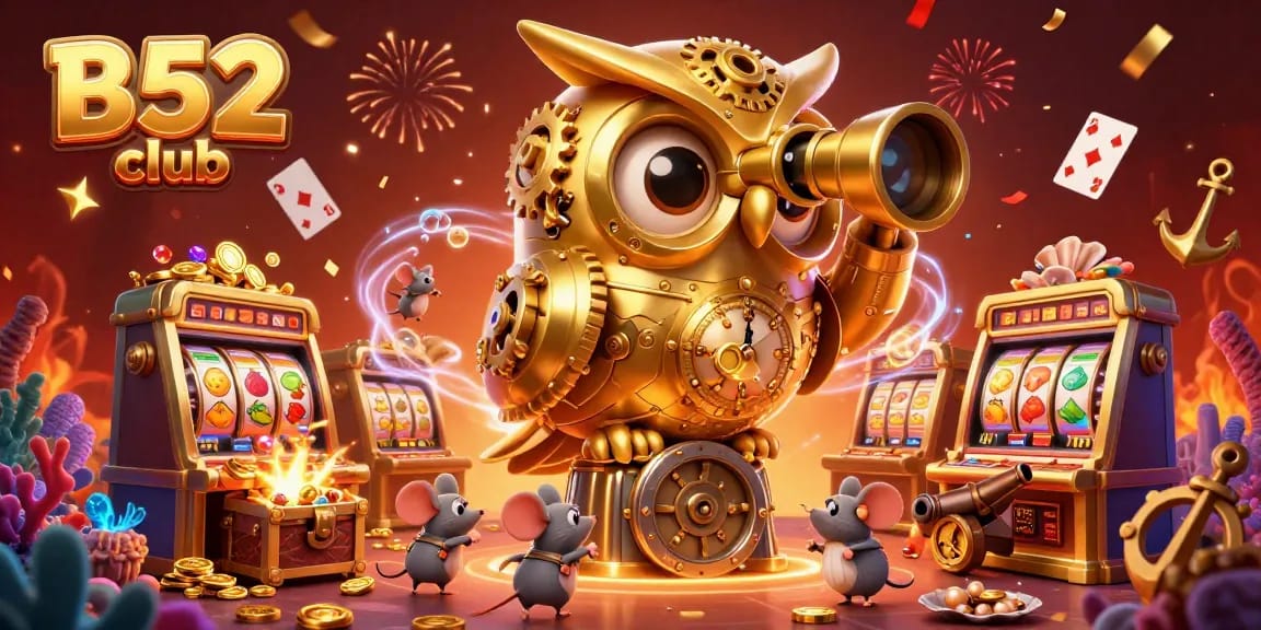 B52 club showcases vibrant casino action with a giant golden owl and playful mice among slot machines.