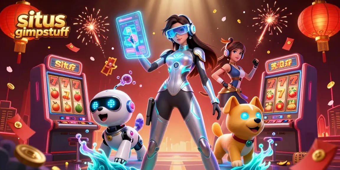 Engage with situs gimpstuff through a dynamic 3D casino experience, showcasing vibrant slot machines.