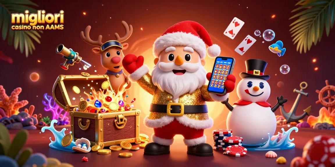 Scopri i migliori casino non AAMS con Babbo Natale, renna e pupazzo di neve in un'illustrazione vivace.