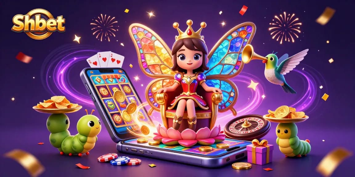 Shbet's vibrant gaming experience illustrated with a butterfly queen and captivating casino elements.