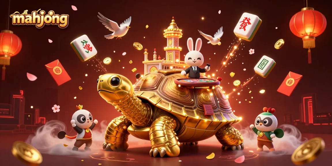 Play mahjong with a vibrant scene featuring a golden tortoise casino and dynamic game elements.