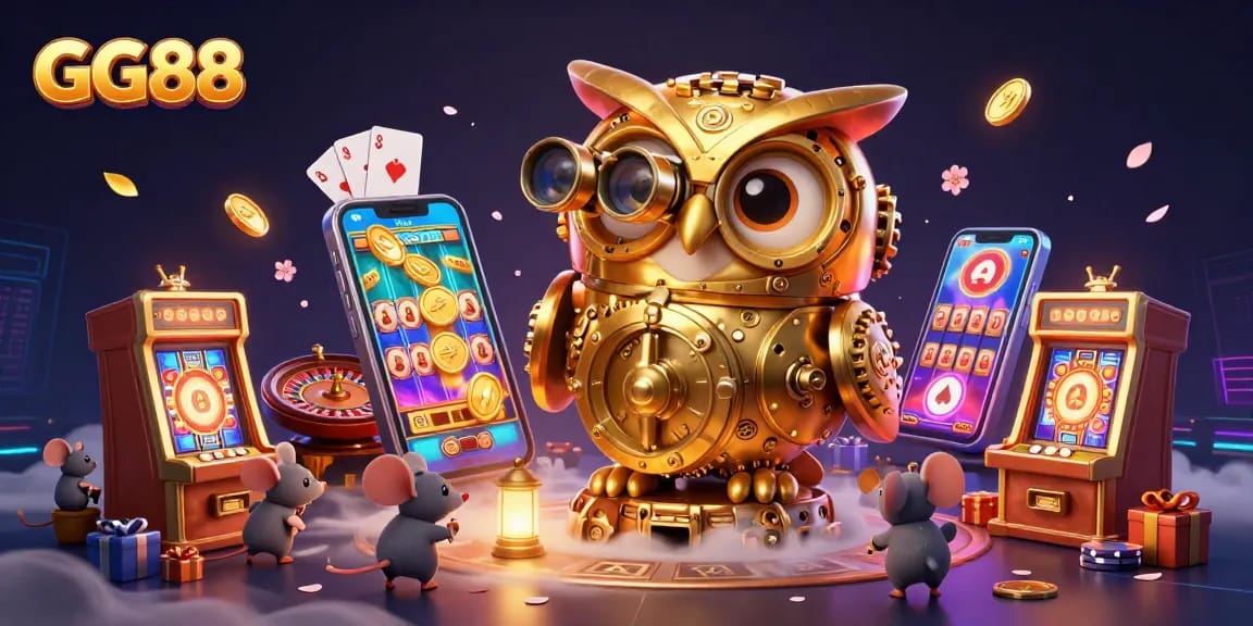 Experience exhilarating games at GG88 with our dynamic casino atmosphere, showcasing golden owl and lively gaming elements.
