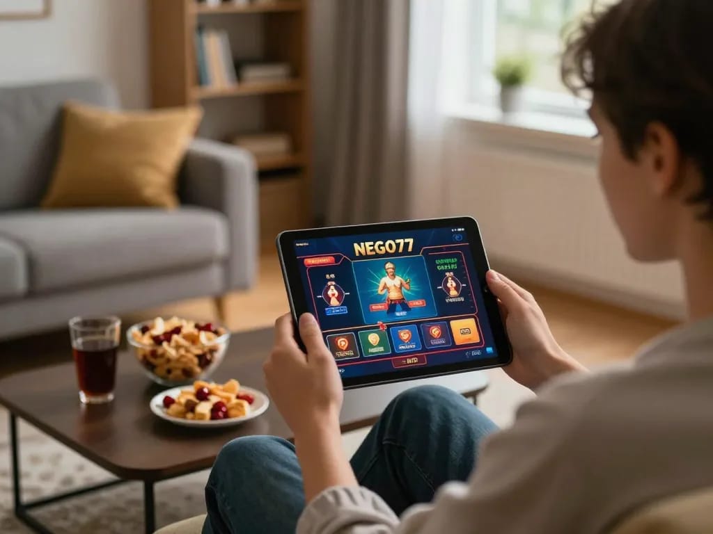 Engaging gameplay at NEGO77 online casino on tablet in a cozy living room.