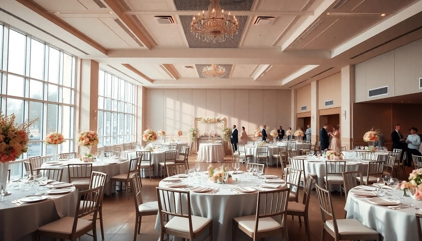 Almas event center mit eleganter Dekoration und festlich gedeckten Tischen für eine Hochzeit.