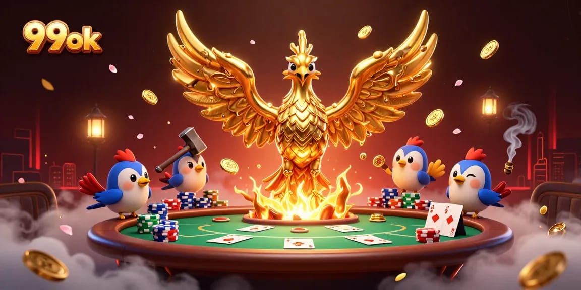 Engage with 99ok's thrilling casino scene featuring a phoenix, poker chips, and game elements.
