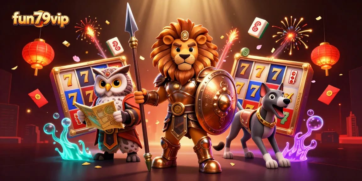 Experience thrilling gameplay at fun79vip with a dynamic 3D casino scene featuring a Spartan lion and vibrant game elements.