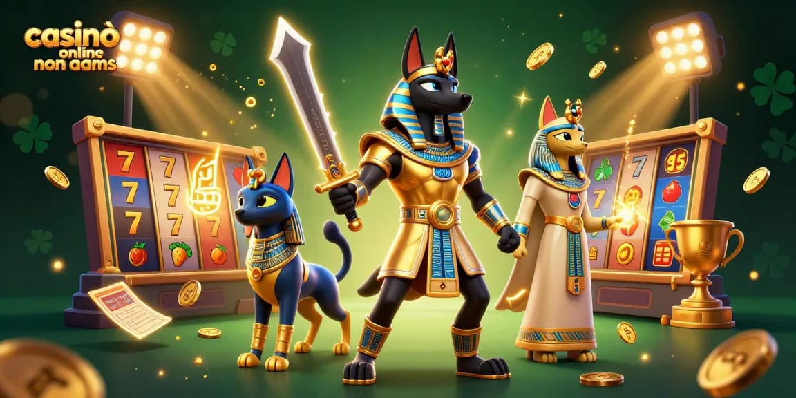 Vinci alla grande con casinò online non AAMS che presentano una scena dinamica di Anubi e Bastet tra vibranti elementi di slot.