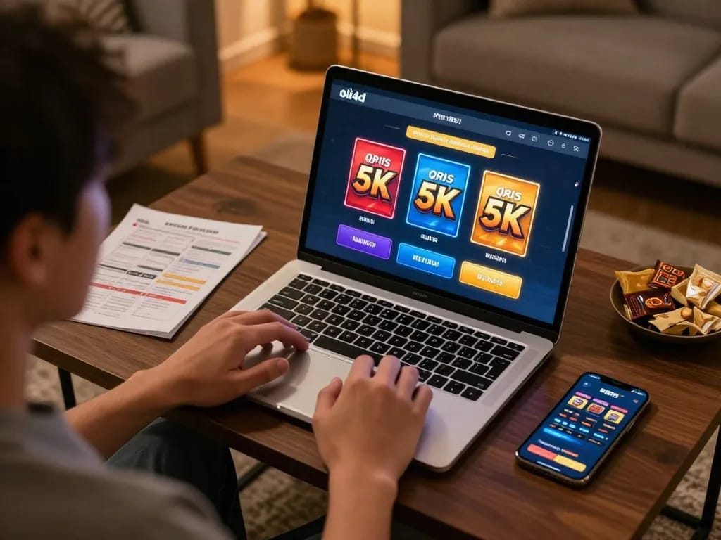 Enjoying oli4d daftar while strategizing for Slot QRIS 5K in a cozy home gaming setting.