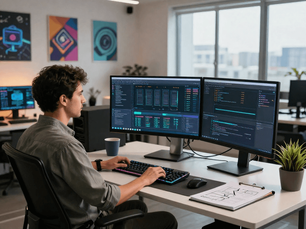 Escena de un espacio de trabajo de vps hosting con analítica de servidores y herramientas de monitoreo.