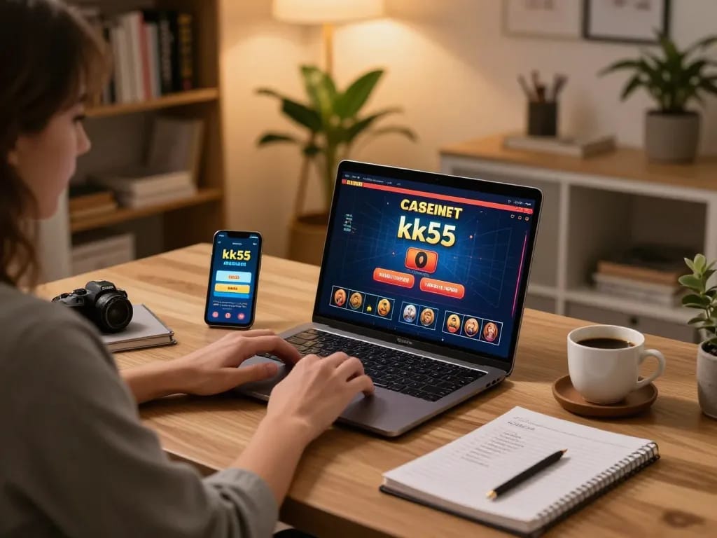 Playing live dealer games on kk55 app from a cozy home office.
