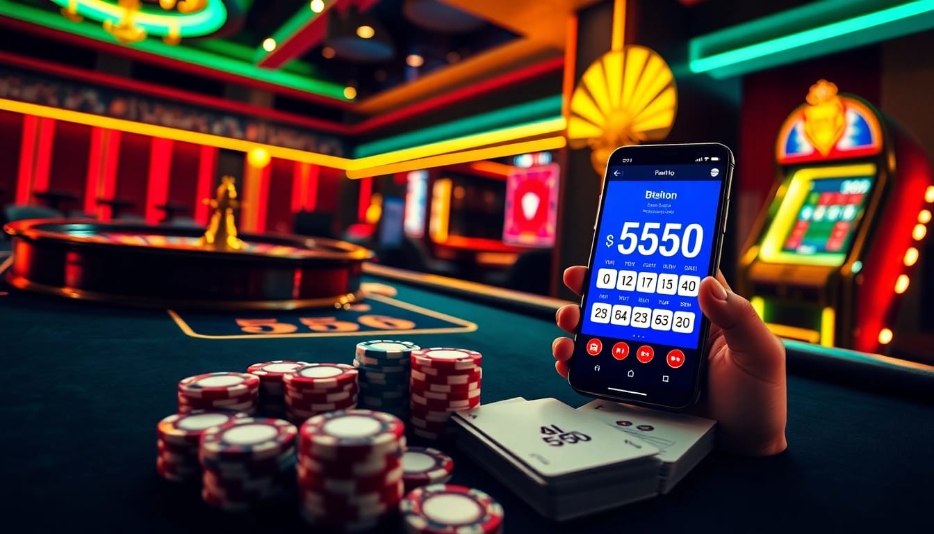 Experience the excitement of online gambling on bl-555.io with a vivid casino scene filled with poker chips and a roulette wheel.