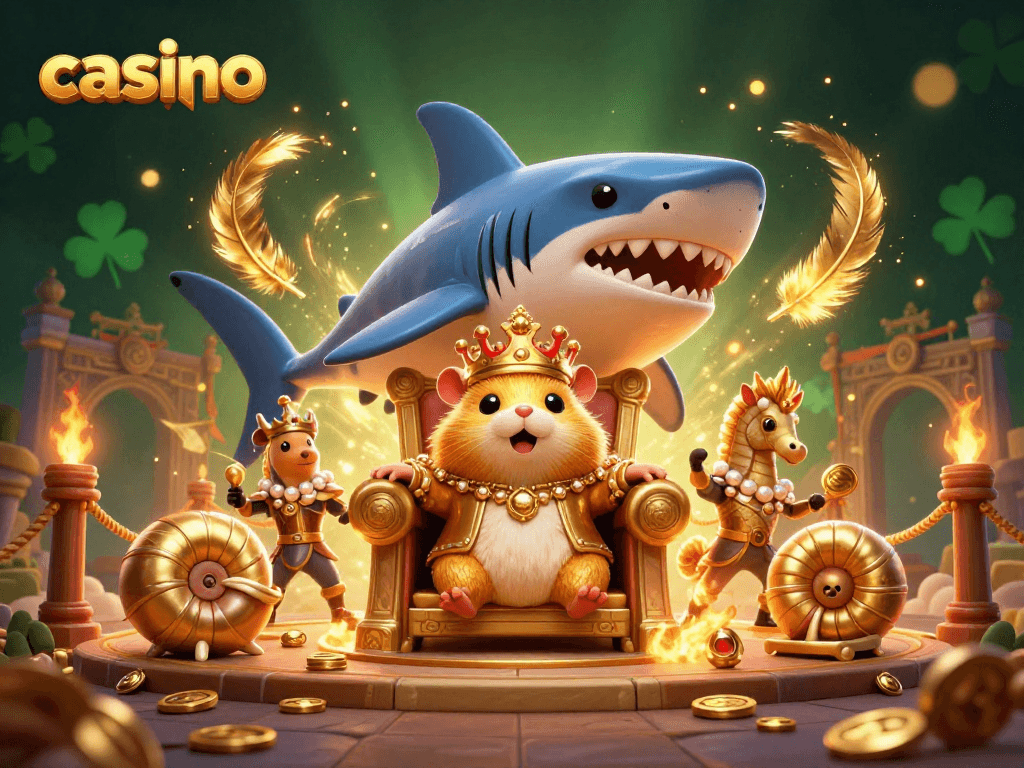 Experience the excitement of a casino with a golden hamster king and royal seahorse guards.