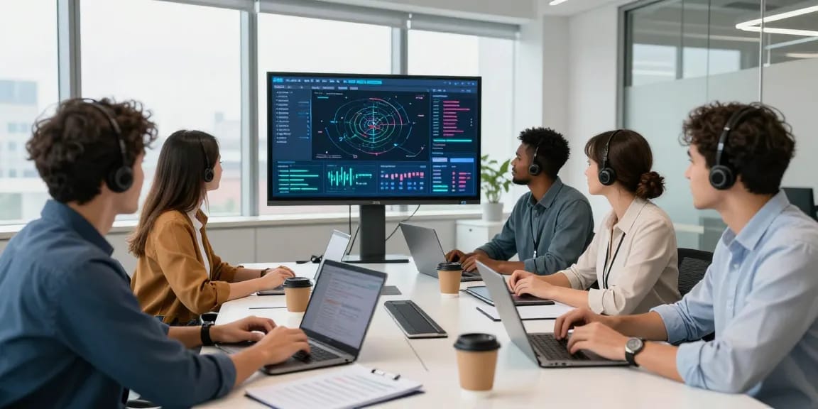 Team collaborating on IT business support solutions in a professional office setting.