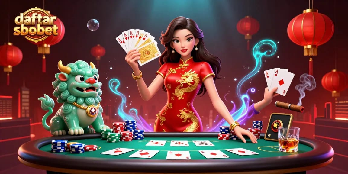 Engage in daftar sbobet with an elegant woman, jade lion, and vibrant casino elements.