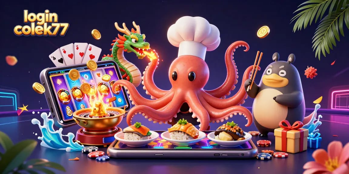 Win big with login colek77 in this vibrant casino scene featuring exciting game elements.