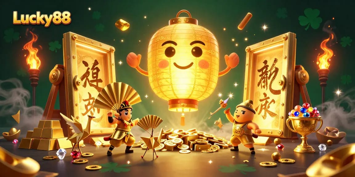 Immerse in thrilling Lucky88 casino adventures with dynamic lantern spirits and golden elements.