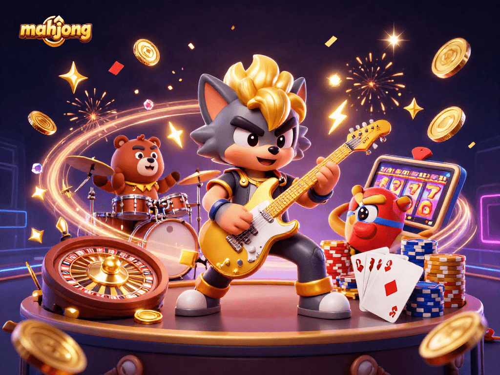 Engage with mahjong excitement as vibrant 3D characters celebrate on a casino stage.