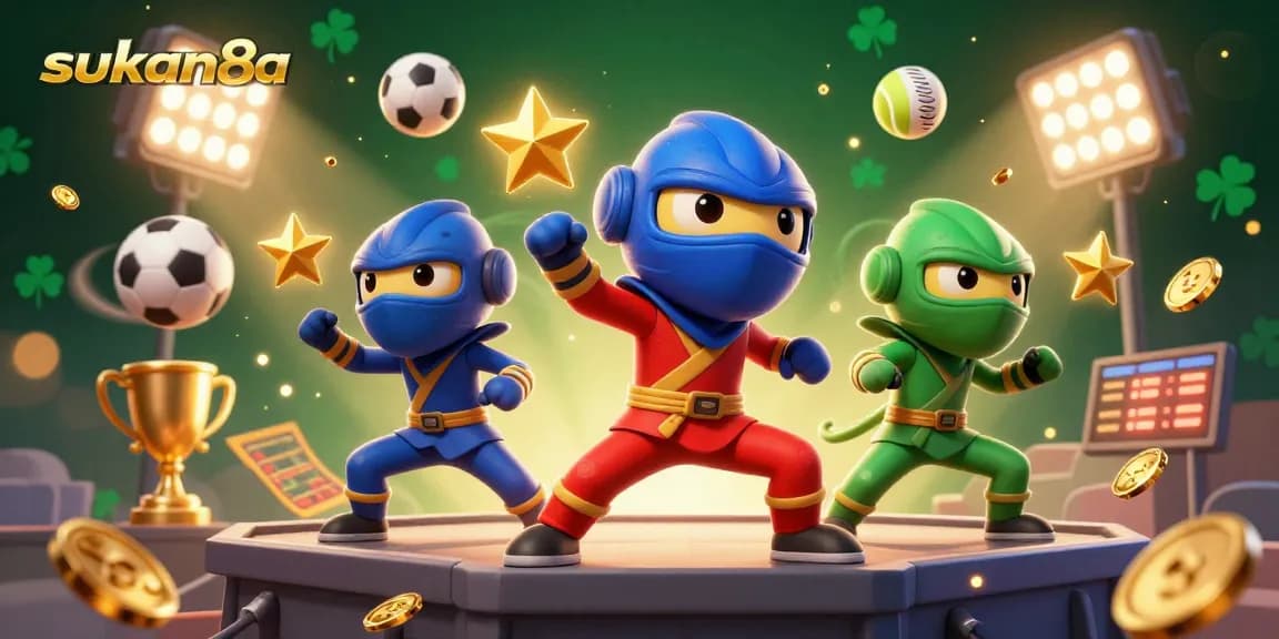 Sukan8a showcases ninja chameleons in action with dynamic sports elements and a vibrant casino theme.