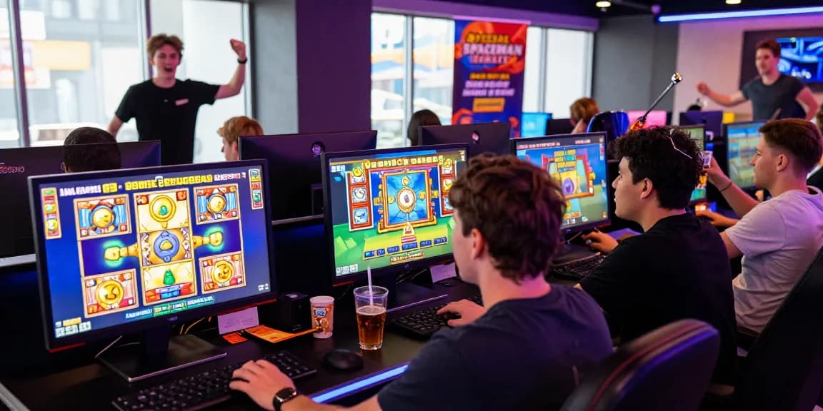 Exciting Spaceman slot game in a vibrant online casino setting with players celebrating wins.