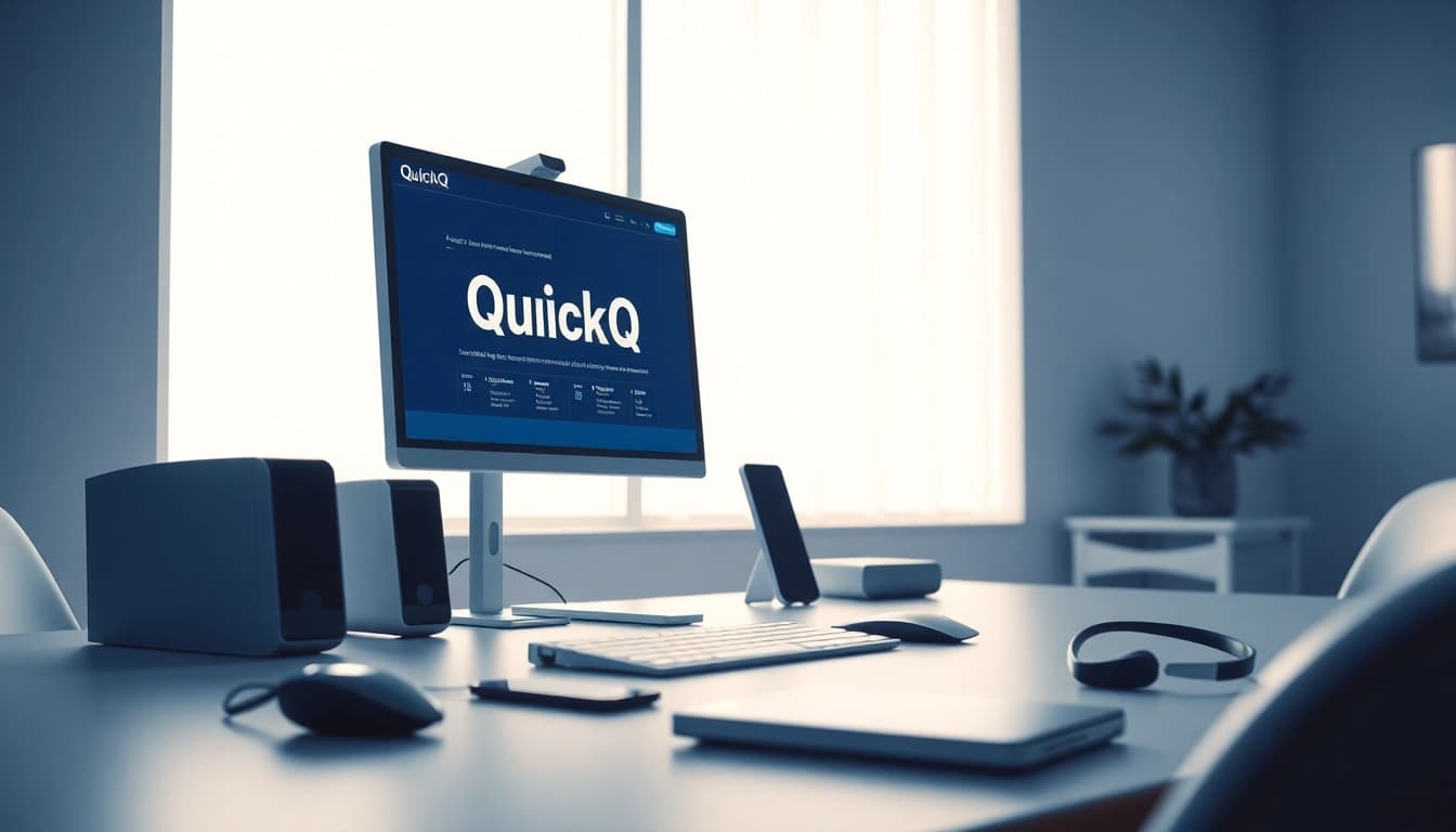 在现代工作区计算机上显示的 QuickQ 应用界面,展示无缝连接与创新。