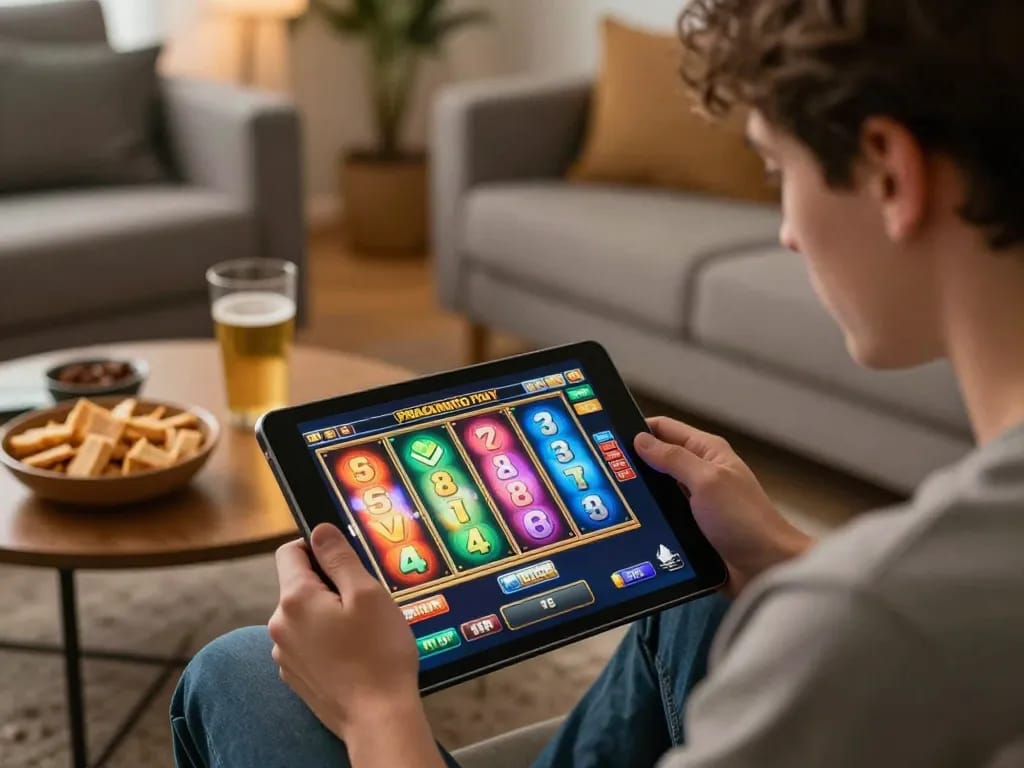 Engaging in a demo slot pragmatic game on a tablet, vibrant home gaming atmosphere.