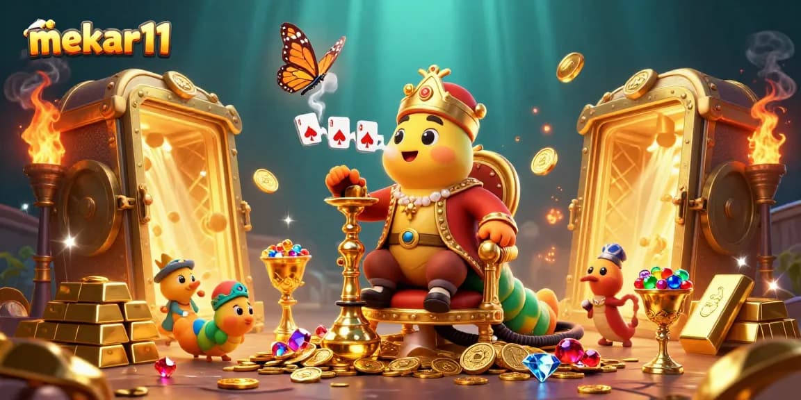 Experience the thrill of mekar11 in a vibrant 3D casino scene with dazzling gems and treasure.